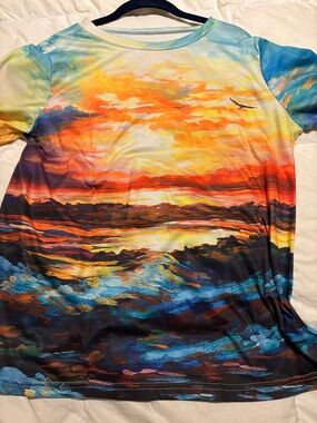2 for $10.00 sale Multicolor Tie-Dye Top with Orange and Blue Hues